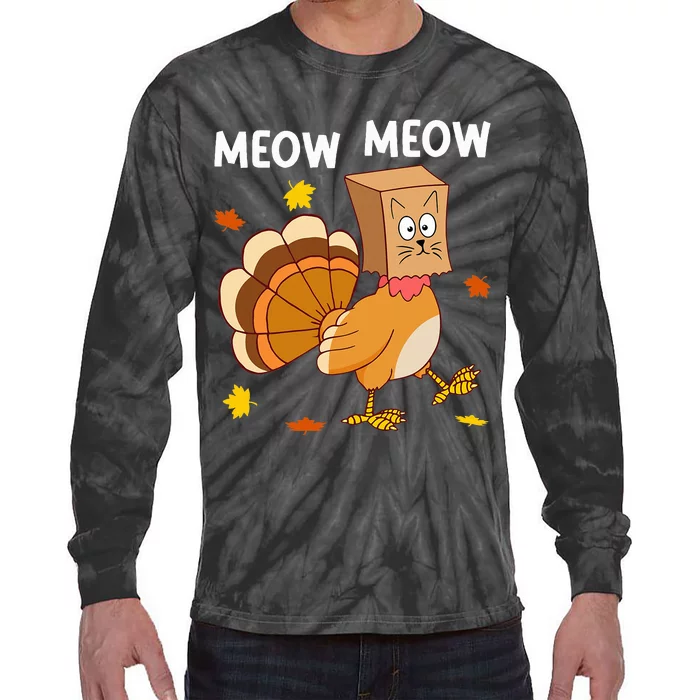 Thanksgiving Turkey Cat Meow Tie-Dye Long Sleeve Shirt