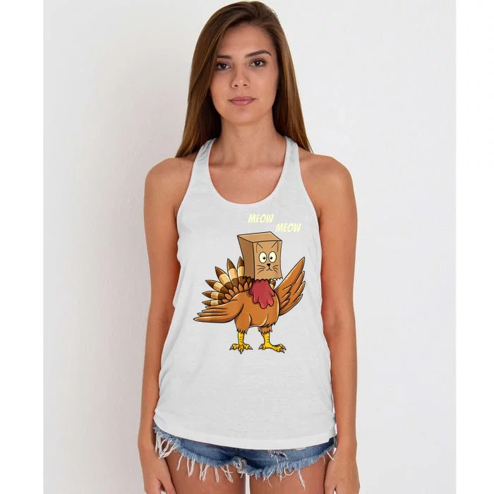 Thanksgiving Turkey Cat Meow Funny Thanksgiving Women's Knotted Racerback Tank