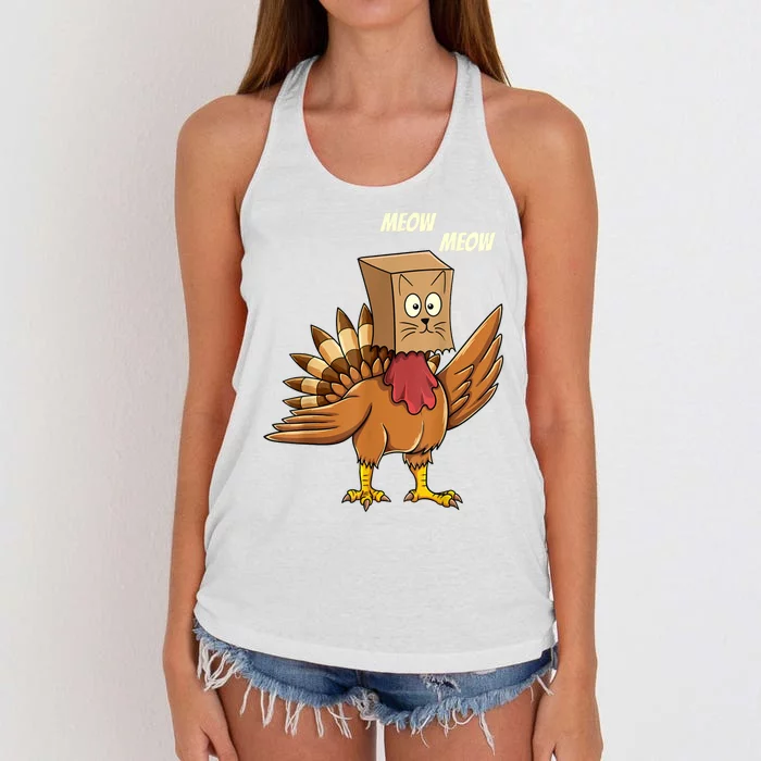 Thanksgiving Turkey Cat Meow Funny Thanksgiving Women's Knotted Racerback Tank