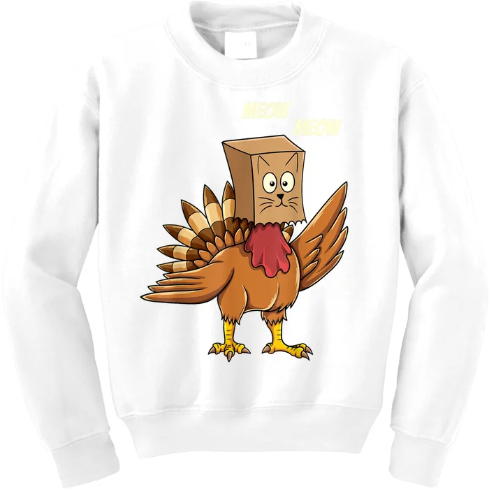 Thanksgiving Turkey Cat Meow Funny Thanksgiving Kids Sweatshirt