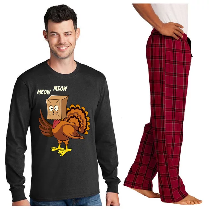 Thanksgiving Turkey Cat Meow Funny Fall Season Long Sleeve Pajama Set