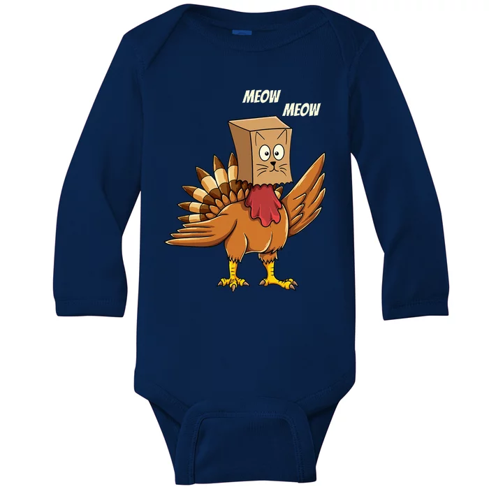 Thanksgiving Turkey Cat Meow Funny Thanksgiving Baby Long Sleeve Bodysuit