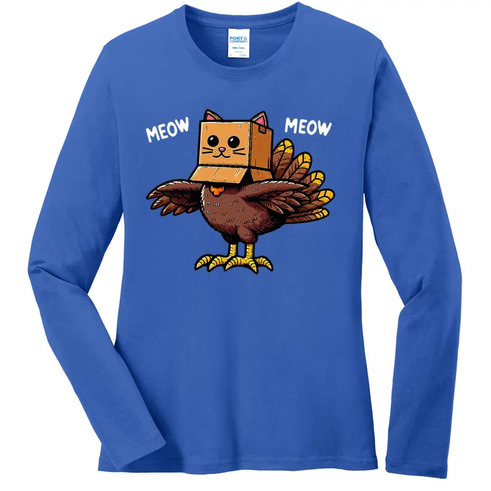 Thanksgiving Turkey Cat Meow Thanksgiving Ladies Long Sleeve Shirt