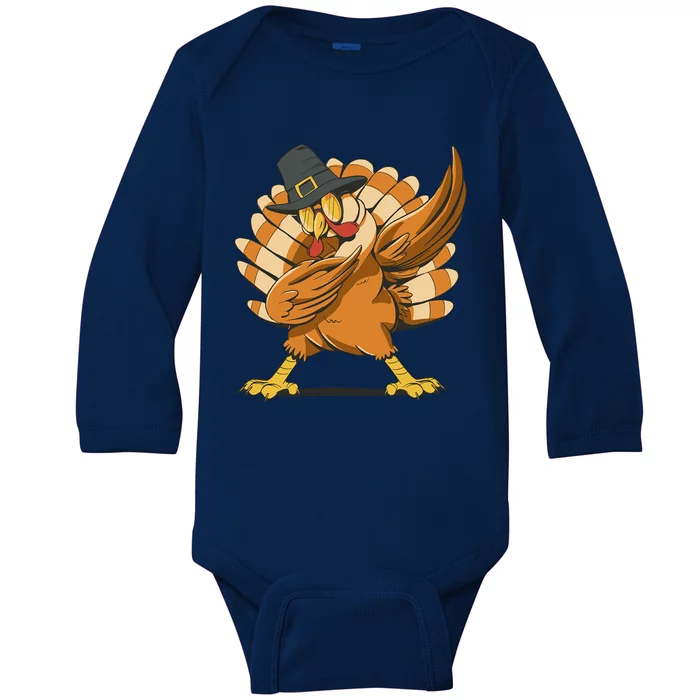 Thanksgiving Turkey Dabbing Cartoon Holiday Dab Funny Gift Baby Long Sleeve Bodysuit