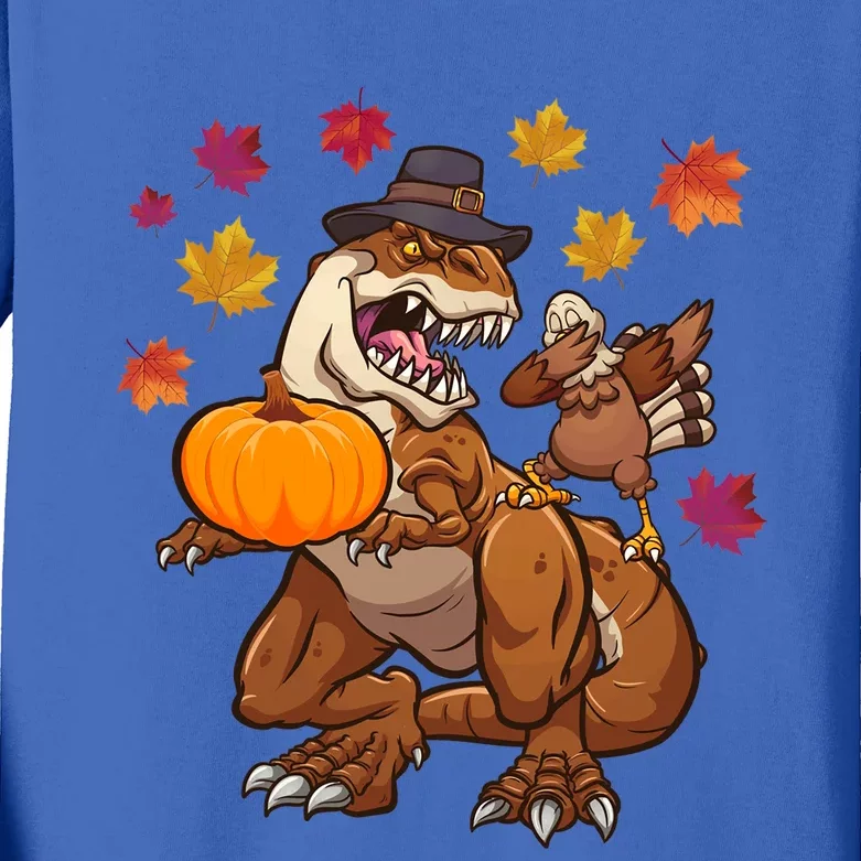 Thanksgiving TRex Dinosaur Gift Dabbing Turkey Gift Cute Gift Kids Long Sleeve Shirt