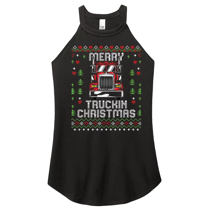 Trucker Truck Driver Ugly Xmas Merry Trucking Christmas Women’s Perfect Tri Rocker Tank