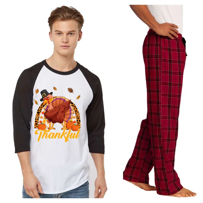 Thankful Turkey Dabbing Leopard Rainbow Fall Thanksgiving Gift Raglan Sleeve Pajama Set