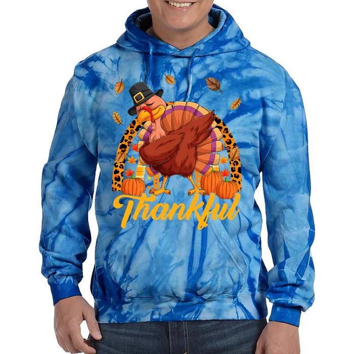 Thankful Turkey Dabbing Leopard Rainbow Fall Thanksgiving Gift Tie Dye Hoodie