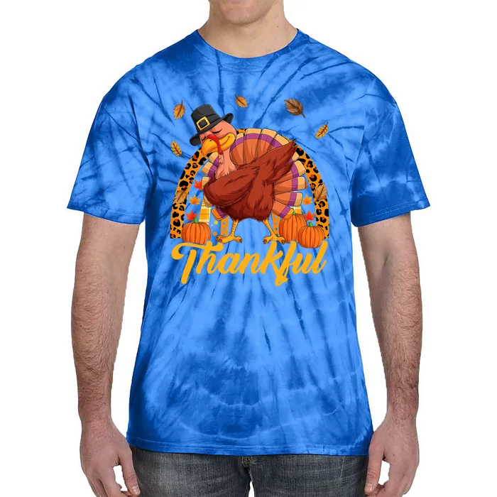 Thankful Turkey Dabbing Leopard Rainbow Fall Thanksgiving Gift Tie-Dye T-Shirt