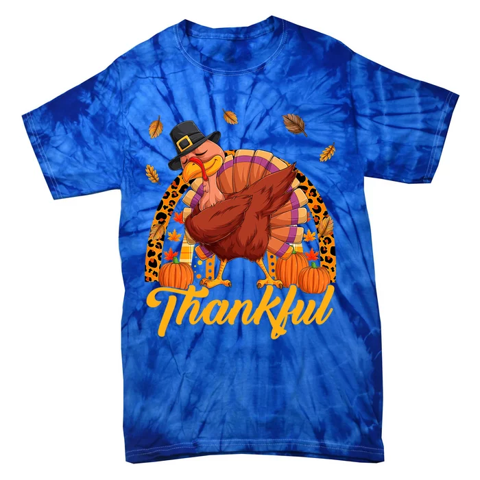 Thankful Turkey Dabbing Leopard Rainbow Fall Thanksgiving Gift Tie-Dye T-Shirt