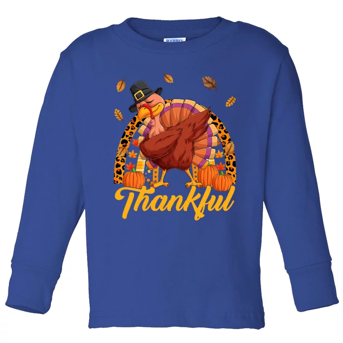 Thankful Turkey Dabbing Leopard Rainbow Fall Thanksgiving Gift Toddler Long Sleeve Shirt