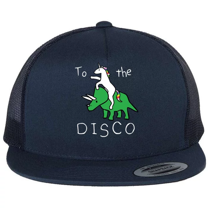 To The Disco Magical Unicorn Dinosaur Retro 80s Party Flat Bill Trucker Hat