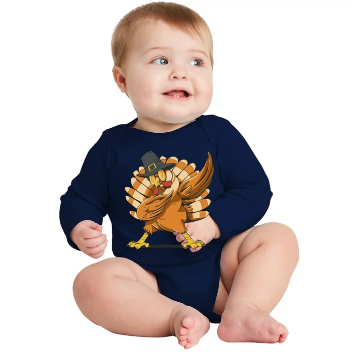 Thanksgiving Turkey Dabbing Funny Baby Long Sleeve Bodysuit