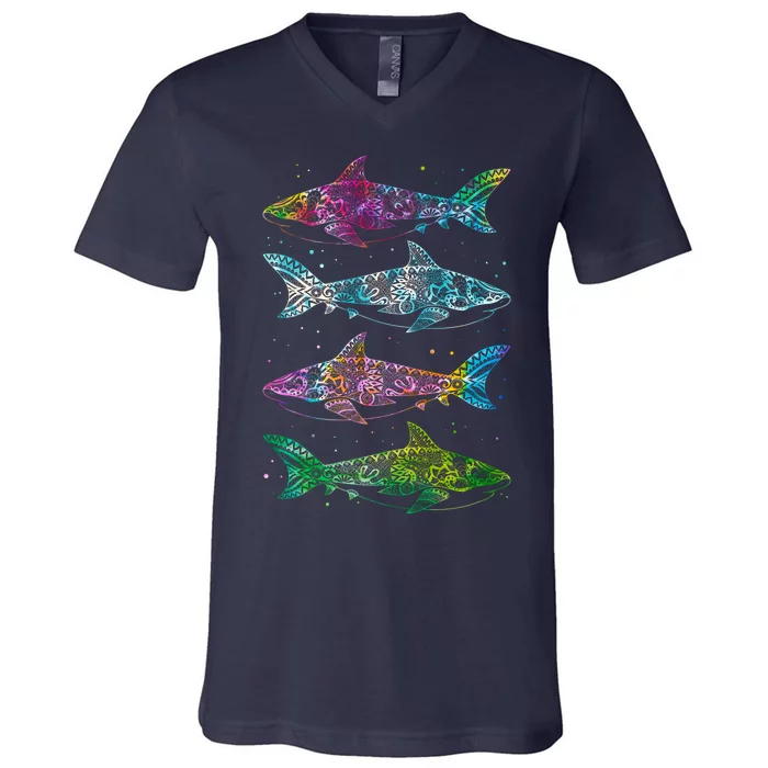 Tattoo Tie Dye Sharks V-Neck T-Shirt