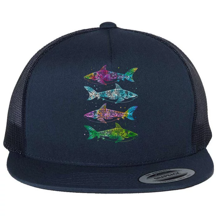 Tattoo Tie Dye Sharks Flat Bill Trucker Hat