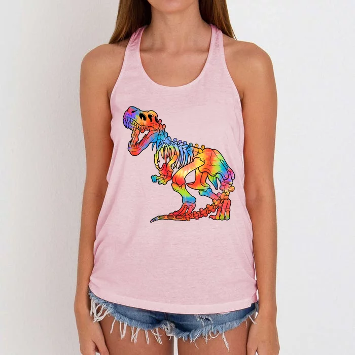 TRex Tie Dye Skeleton Dinosaurs Bones Paleontologist Fossil Gift Women's Knotted Racerback Tank