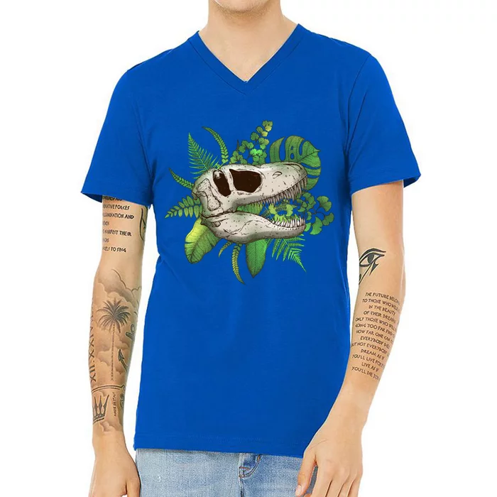 Tropical TRex Dinosaur Skull V-Neck T-Shirt