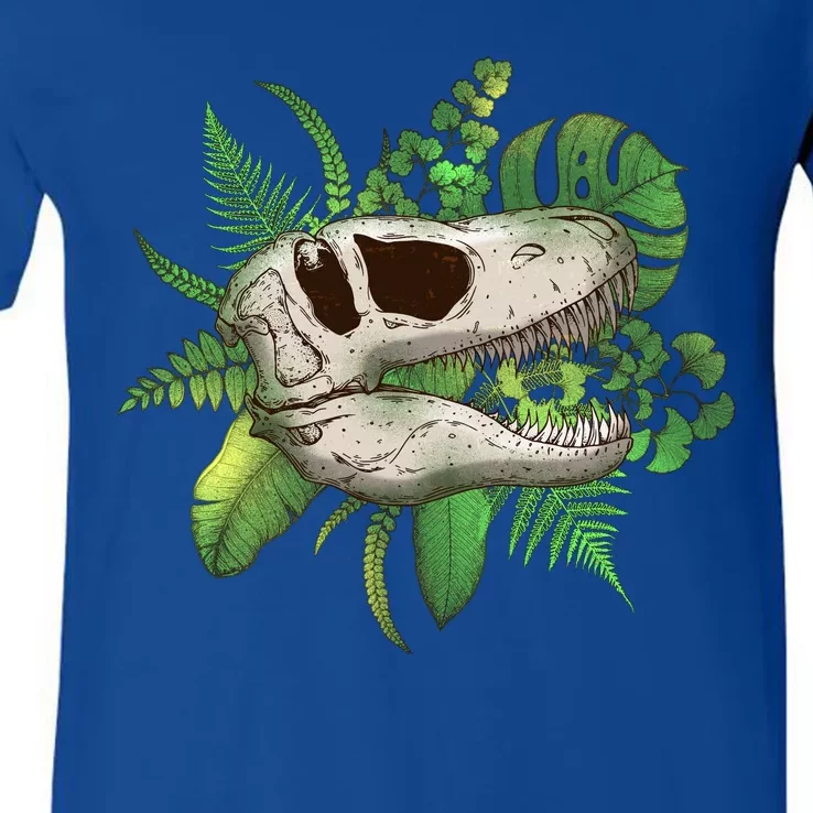 Tropical TRex Dinosaur Skull V-Neck T-Shirt