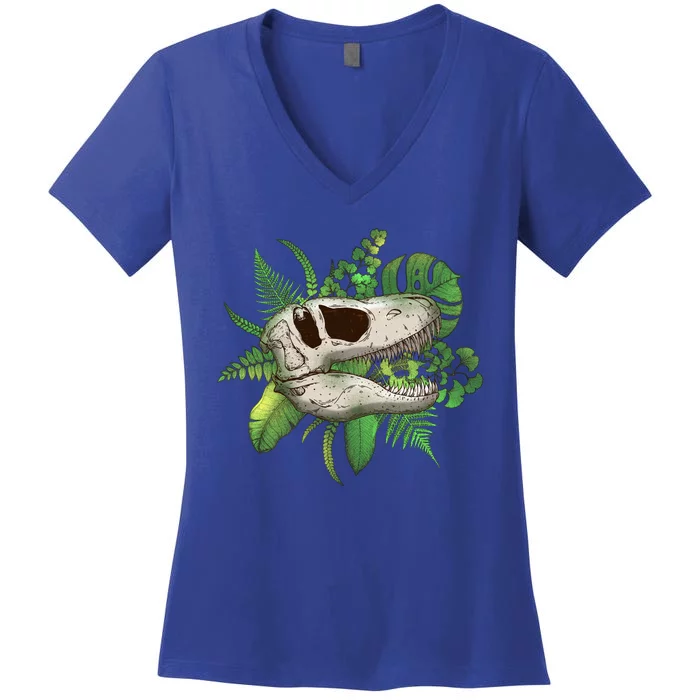 Tropical TRex Dinosaur Skull Women's V-Neck T-Shirt