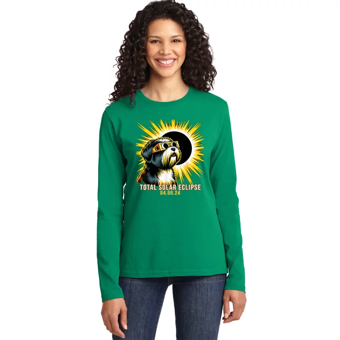 Tibetan Terrier Dog Watching Total Solar Eclipse Ladies Long Sleeve Shirt