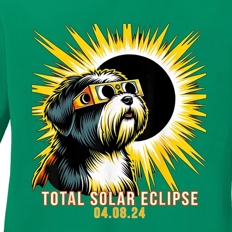 Tibetan Terrier Dog Watching Total Solar Eclipse Ladies Long Sleeve Shirt