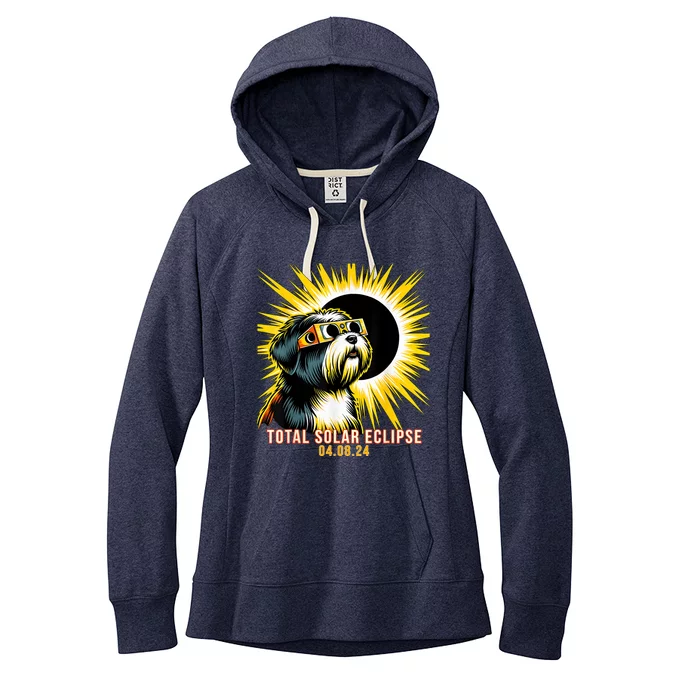 Tibetan Terrier Dog Watching Total Solar Eclipse Women's Fleece Hoodie