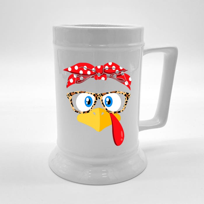 Thanksgiving Turkey Face Leopard Print Glasses Front & Back Beer Stein