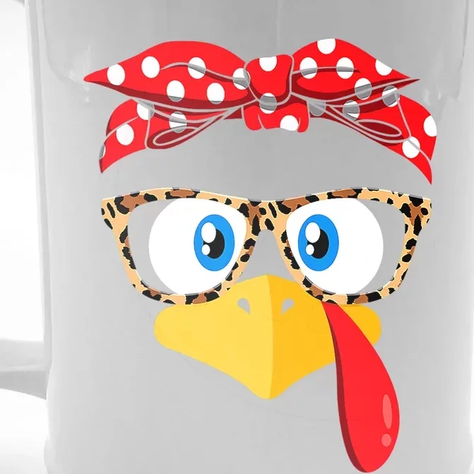 Thanksgiving Turkey Face Leopard Print Glasses Front & Back Beer Stein