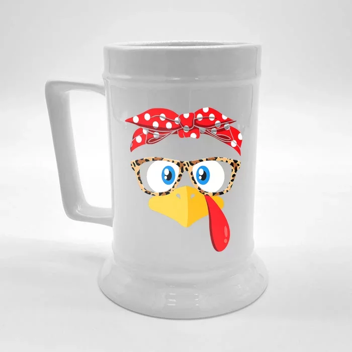 Thanksgiving Turkey Face Leopard Print Glasses Front & Back Beer Stein