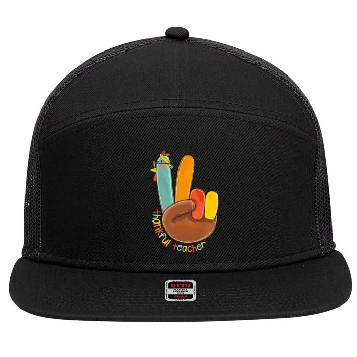 Thankful Teacher Funny Thanksgiving Peace Hand Sign Turkey 7 Panel Mesh Trucker Snapback Hat