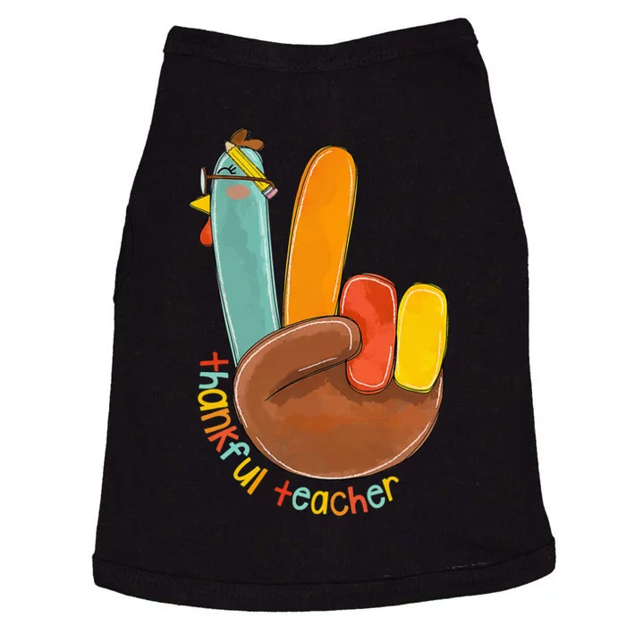 Thankful Teacher Funny Thanksgiving Peace Hand Sign Turkey Doggie Tank