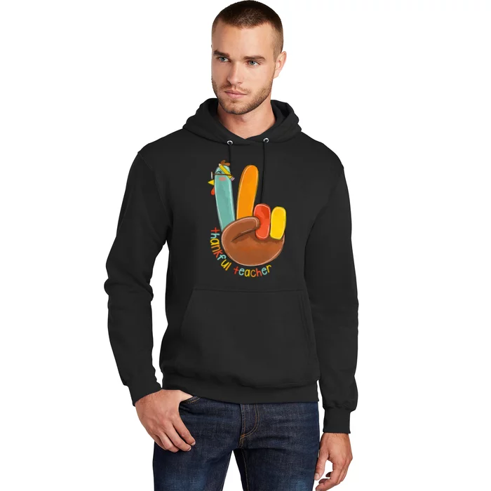 Thankful Teacher Funny Thanksgiving Peace Hand Sign Turkey Hoodie