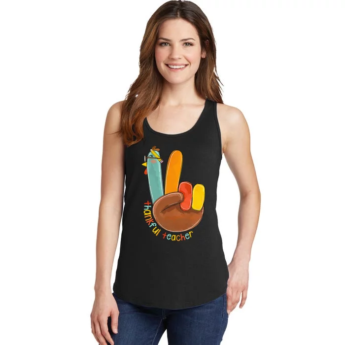 Thankful Teacher Funny Thanksgiving Peace Hand Sign Turkey Ladies Essential Tank