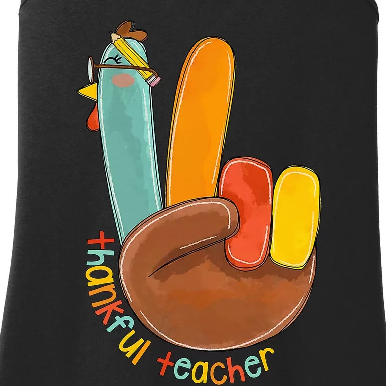 Thankful Teacher Funny Thanksgiving Peace Hand Sign Turkey Ladies Essential Tank