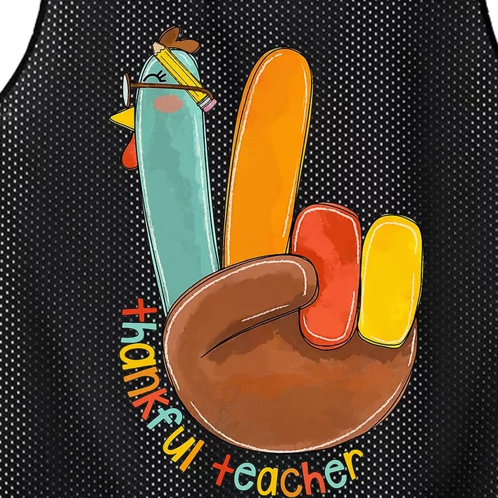 Thankful Teacher Funny Thanksgiving Peace Hand Sign Turkey Mesh Reversible Basketball Jersey Tank