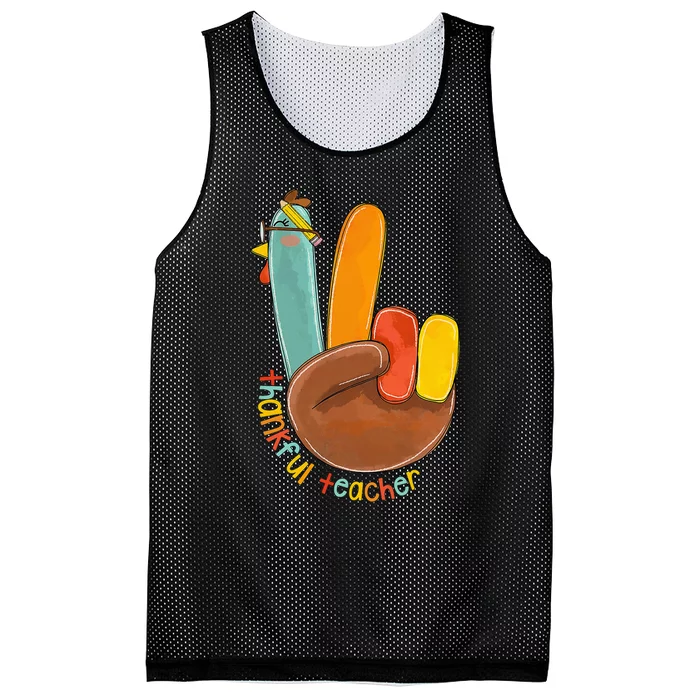 Thankful Teacher Funny Thanksgiving Peace Hand Sign Turkey Mesh Reversible Basketball Jersey Tank