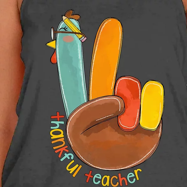 Thankful Teacher Funny Thanksgiving Peace Hand Sign Turkey Women's Knotted Racerback Tank