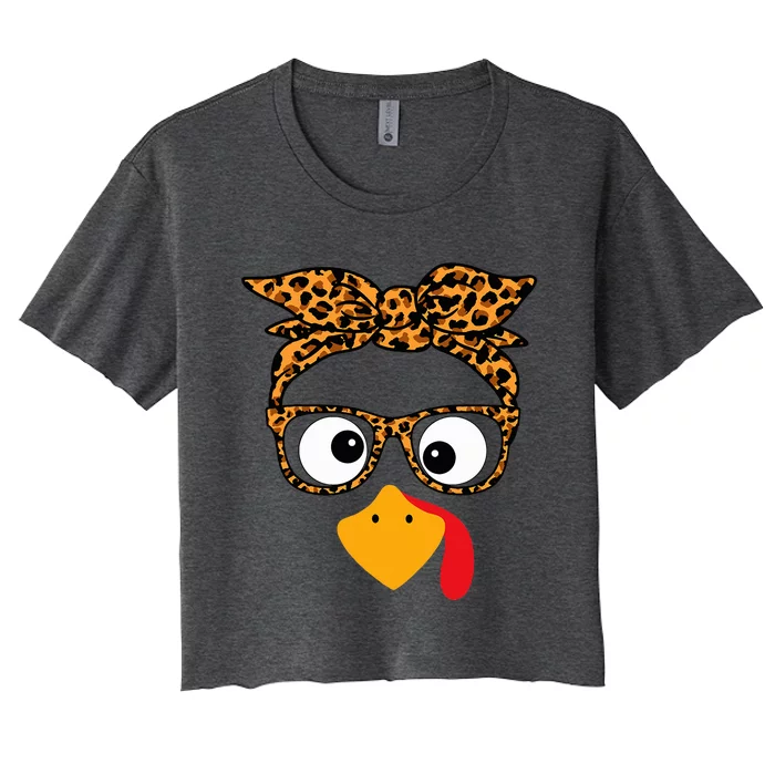 Thanksgiving Turkey Face Leopard Print Glasses Autumn Fall Women's Crop Top Tee