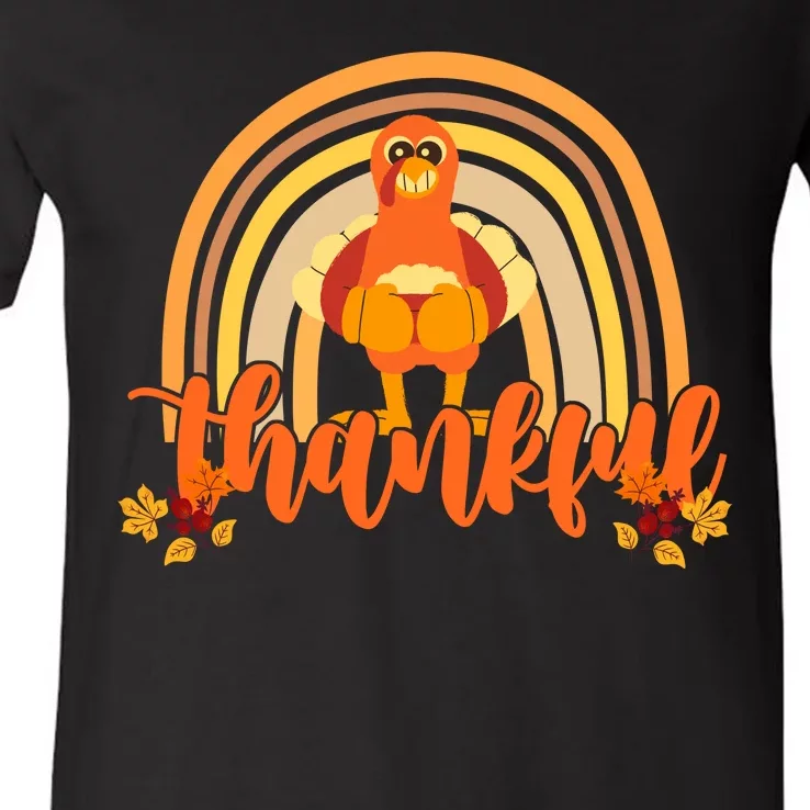 Thankful Turkey Fall Rainbow Thanksgiving V-Neck T-Shirt