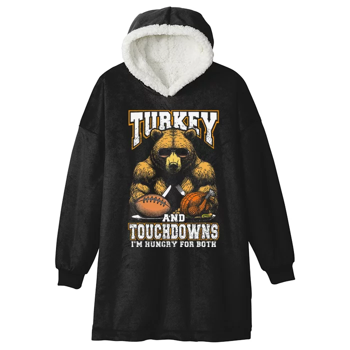 Turkey & Touchdowns Funny Thanksgiving Hungry Bear Football Hooded Wearable Blanket