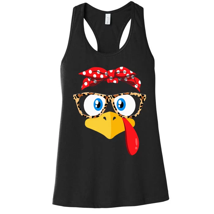 Thanksgiving Turkey Face Leopard Print Glasses Women's Racerback Tank