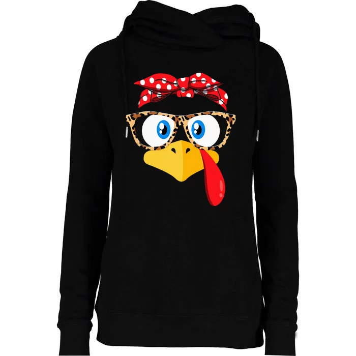 Thanksgiving Turkey Face Leopard Glasses Womens Funnel Neck Pullover Hood