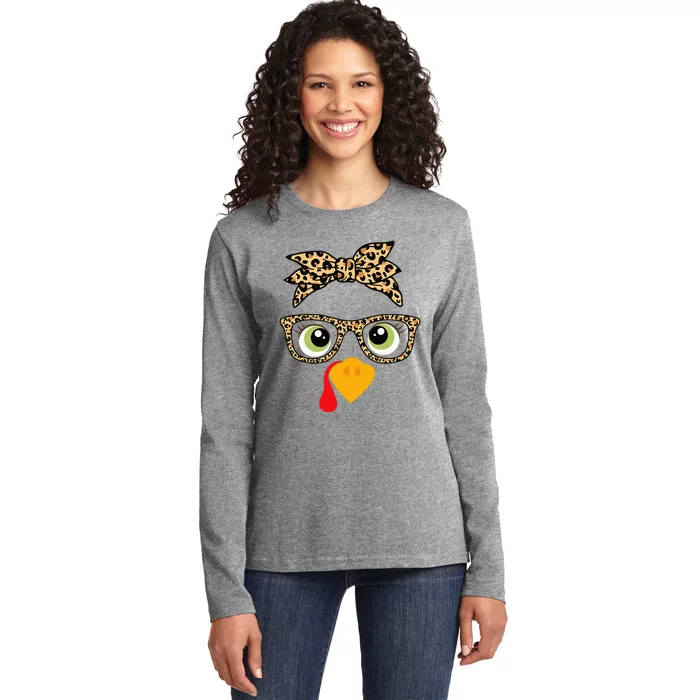 Thanksgiving Turkey Face Leopard Glasses Ladies Long Sleeve Shirt