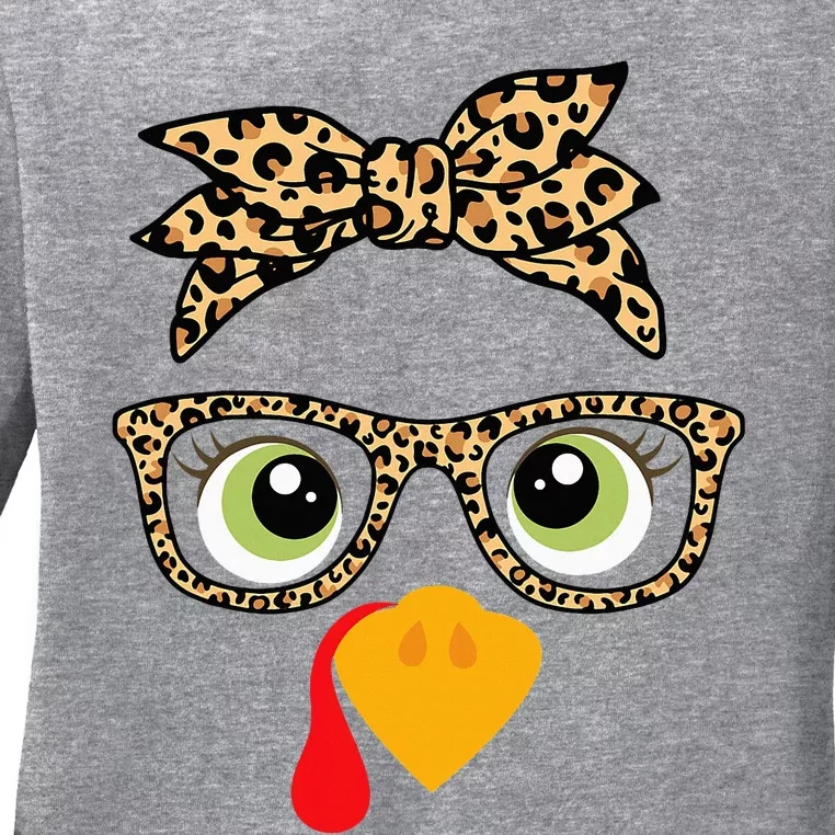 Thanksgiving Turkey Face Leopard Glasses Ladies Long Sleeve Shirt