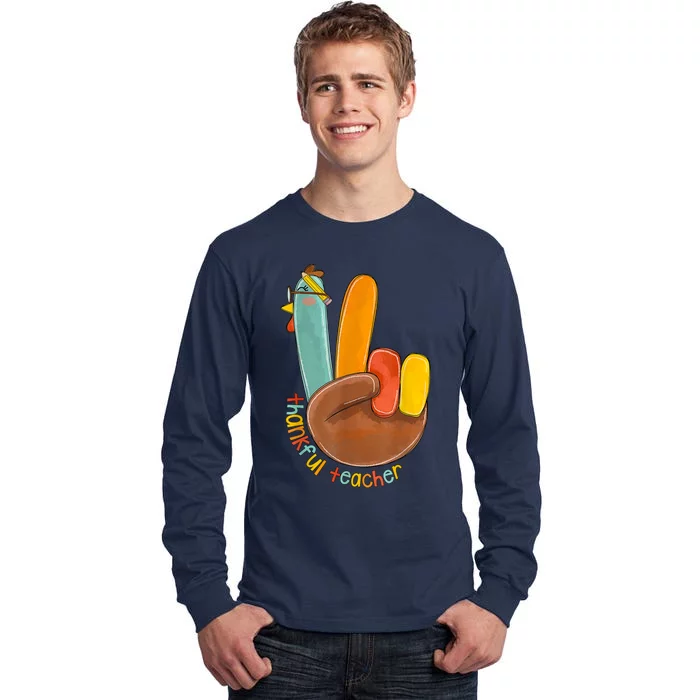 Thankful Teacher Funny Thanksgiving Peace Hand Sign Turkey Tall Long Sleeve T-Shirt