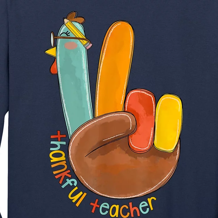 Thankful Teacher Funny Thanksgiving Peace Hand Sign Turkey Tall Long Sleeve T-Shirt