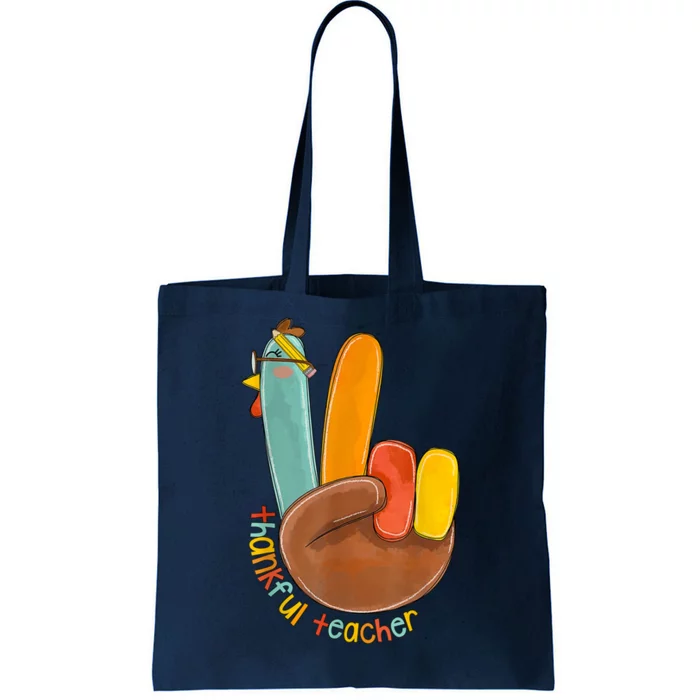 Thankful Teacher Funny Thanksgiving Peace Hand Sign Turkey Tote Bag