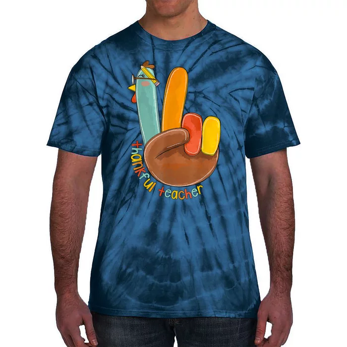 Thankful Teacher Funny Thanksgiving Peace Hand Sign Turkey Tie-Dye T-Shirt