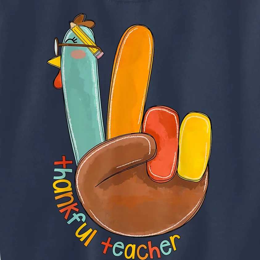 Thankful Teacher Funny Thanksgiving Peace Hand Sign Turkey Kids Sweatshirt