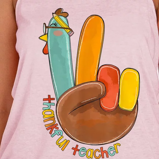 Thankful Teacher Funny Thanksgiving Peace Hand Sign Turkey Women's Knotted Racerback Tank